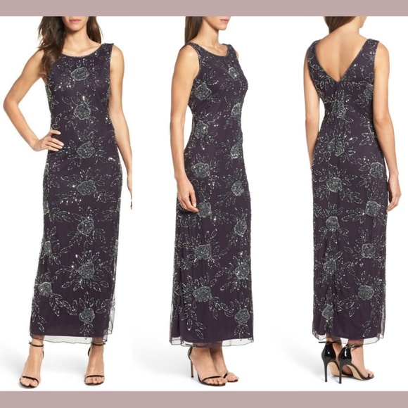 NEW Pisarro Nights [PETITE SZ 12P ]  Beaded Mesh‎ Gown in Eggplant - Picture 1 of 12